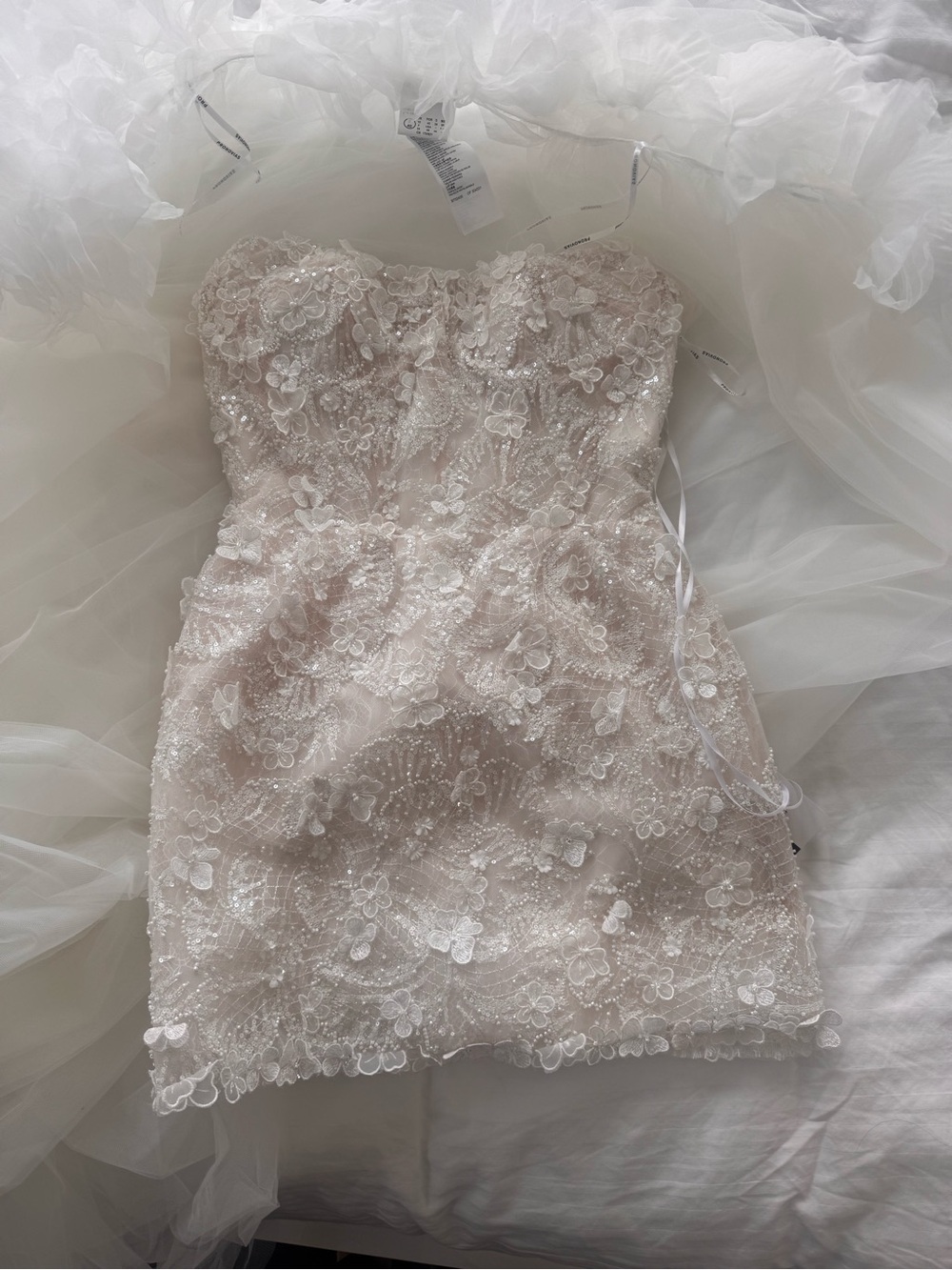 Pronovias Lace Embellished Mini Dress in Blush + train